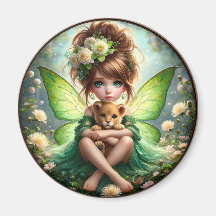 Una hada y su cachorro de león - imán verde