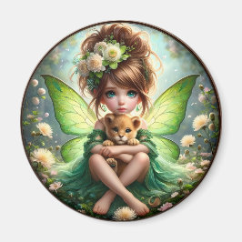 Una hada y su cachorro de león - imán verde