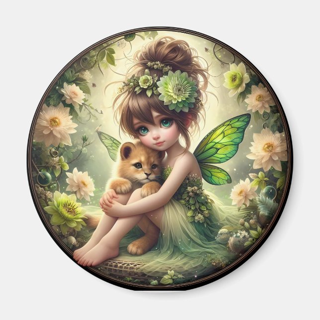 Una hada y su cachorro de león - imán verde (Frente)