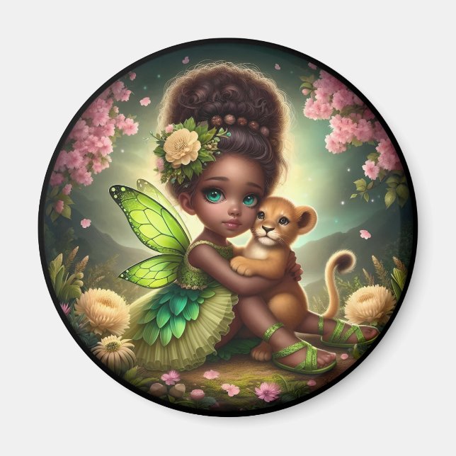 Una hada y su cachorro de león - imán verde (Frente)