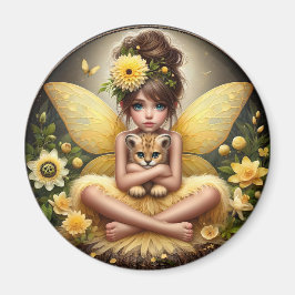 Una hada y su cachorro de leopardo - imán amarillo