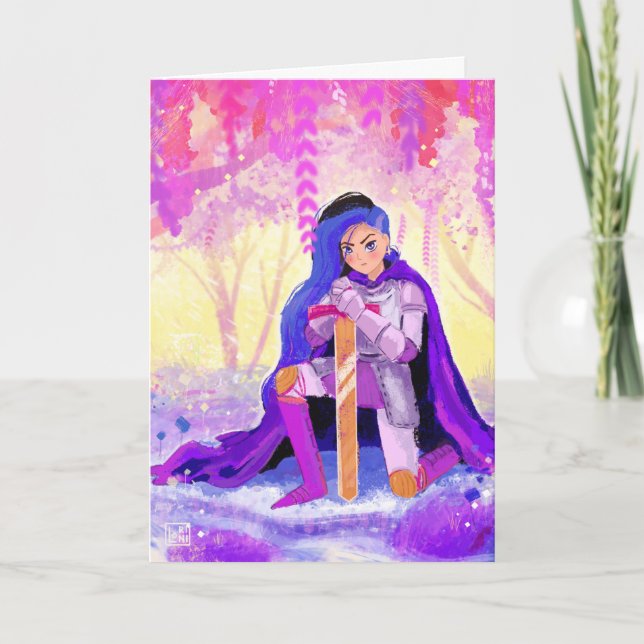 Una hermosa dama caballero con postal de pelo azul (Anverso)