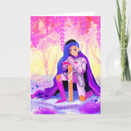 Una hermosa dama caballero con postal de pelo azul