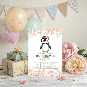 Una invitación de baby shower de pingüino