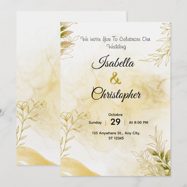 Una invitación de boda lujosa en elegante oro (Anverso / Reverso)