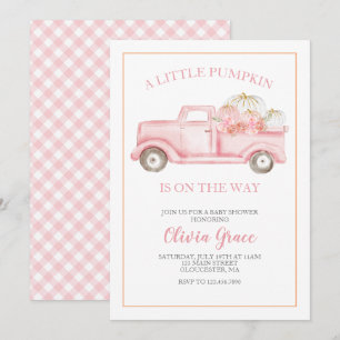 Una invitación de camioneta rosa para baby shower 