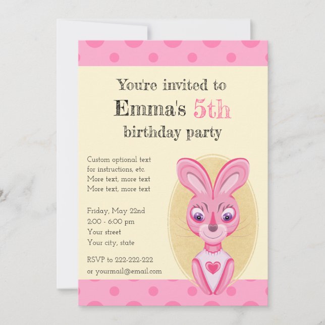 Una invitación de conejito rosa lindo para una niñ (Anverso)