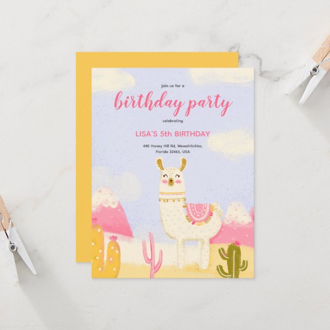Una invitación de cumpleaños con un lama. (Anverso/Reverso In Situ)
