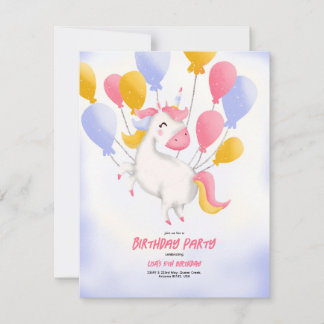 Una invitación de cumpleaños con un unicornio.