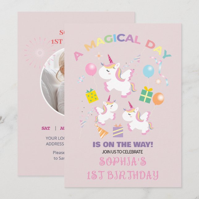 Una invitación de cumpleaños de unicornio mágico (Anverso / Reverso)