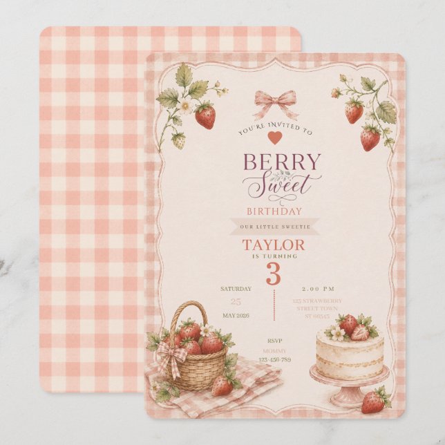 Una invitación de cumpleaños dulce como una baya (Anverso / Reverso)
