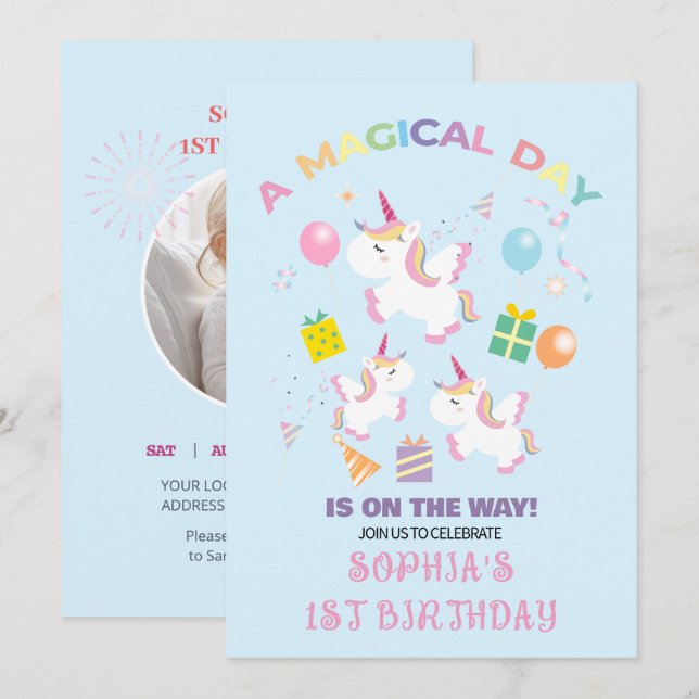 Una invitación de cumpleaños mágica de unicornio (Anverso / Reverso)