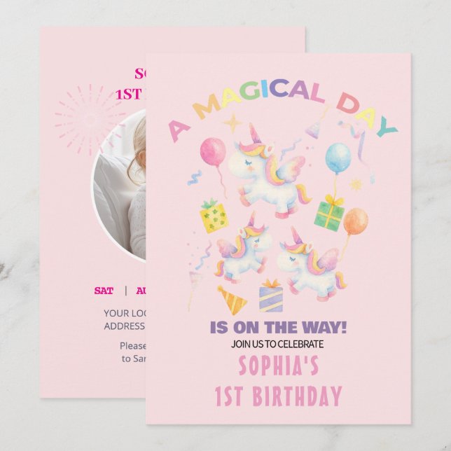Una invitación de cumpleaños mágica de unicornio (Anverso / Reverso)