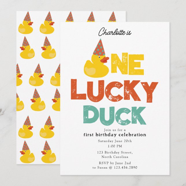 Una invitación de Un Pato Afortunado 1er Cumpleaño (Anverso / Reverso)