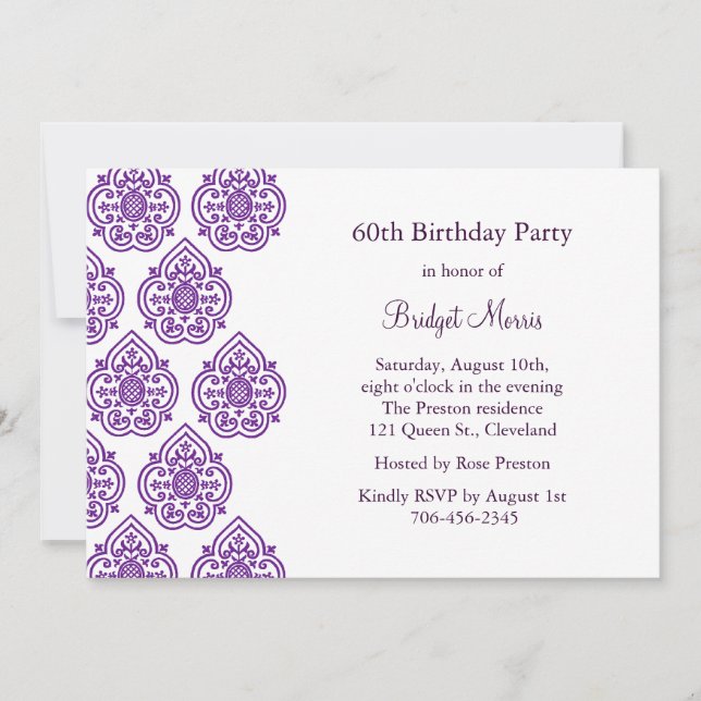 Una invitación del cumpleaños del damasco del (Anverso)