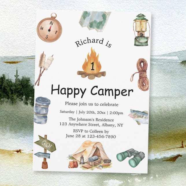 Una invitación feliz de camper a primer cumpleaños (Subido por el creador)