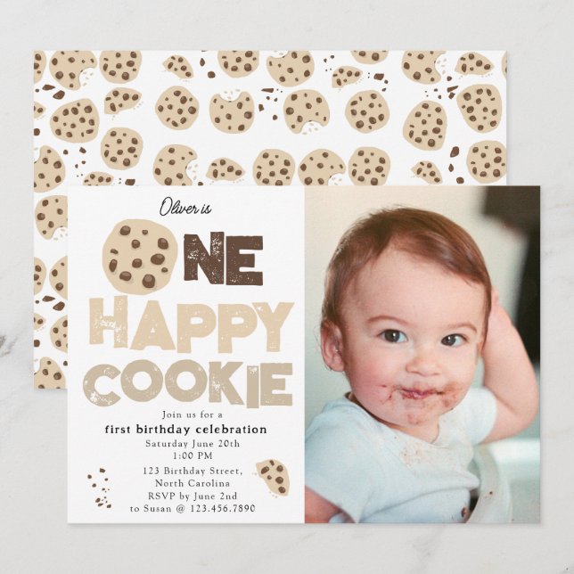 Una invitación feliz de galleta para 1er cumpleaño (Anverso / Reverso)