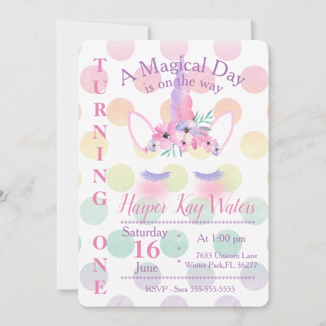 Una invitación mágica del cumpleaños del unicornio (Anverso)