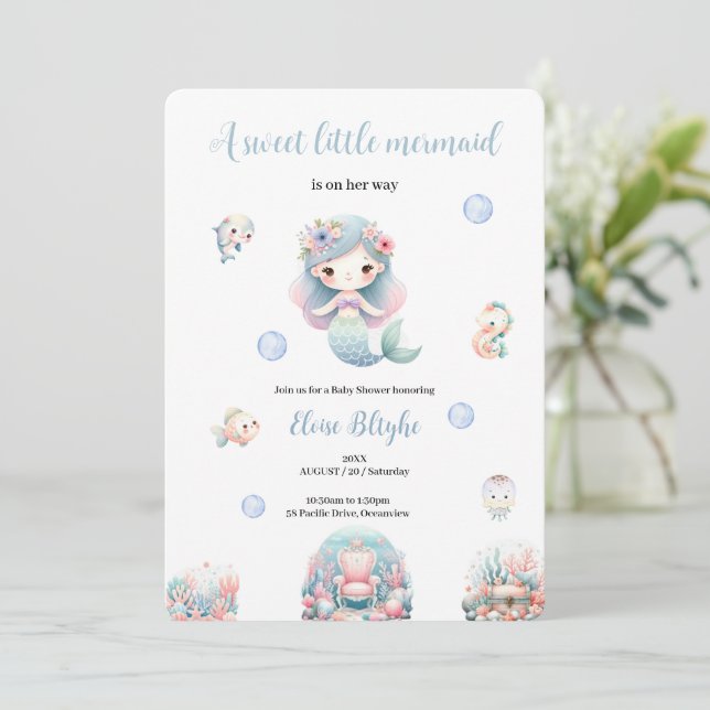 UNA INVITACIÓN MERMAID DULCE DE BABYSHOWER (Anverso de pie)