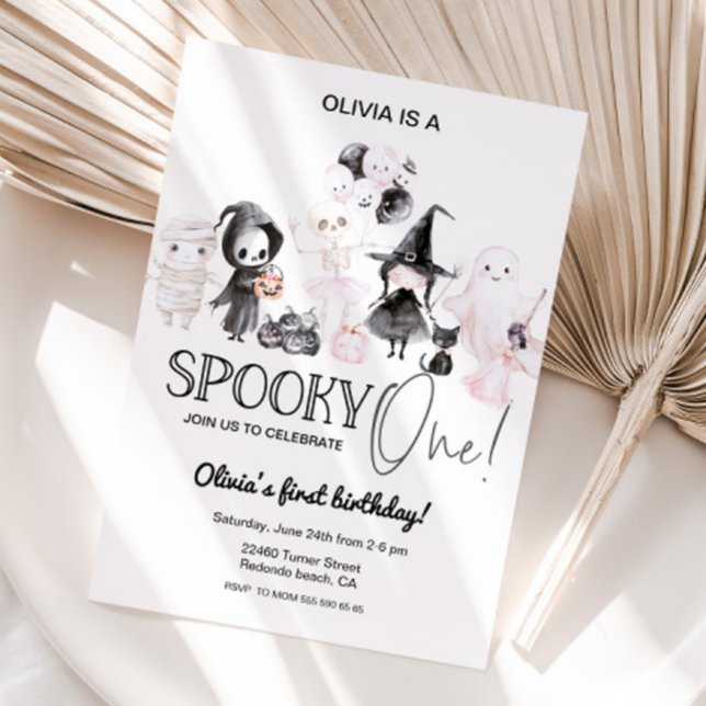 Una invitación rosa de halloween 1º cumpleaños (Spooky one birthday invitation, halloween party)
