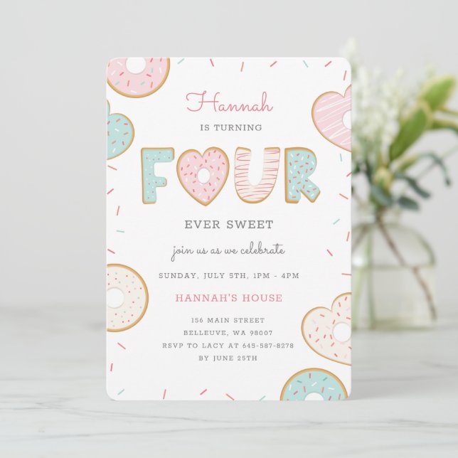 Una invitación rosada de Donut para una fiesta de  (Anverso de pie)