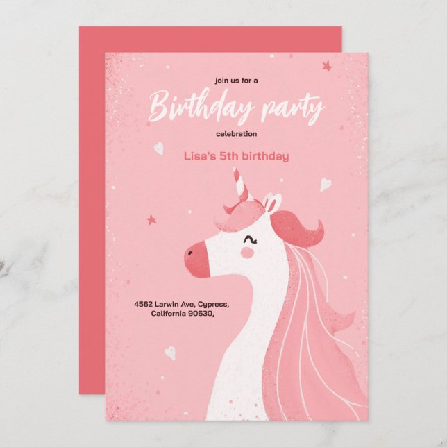 Una linda invitación para una niña con un unicorni (Anverso / Reverso)