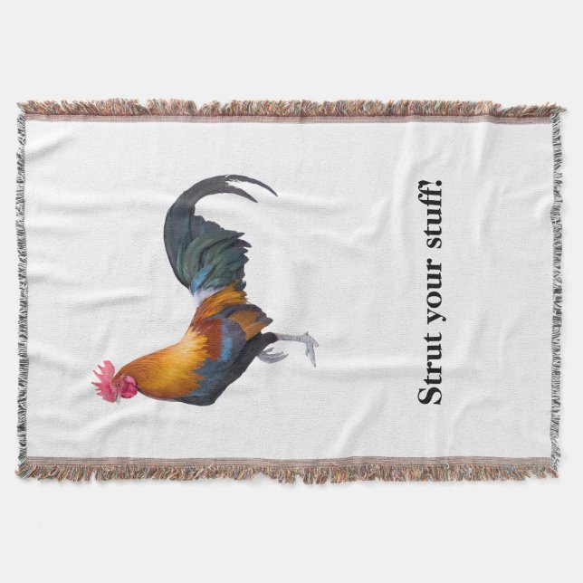 Una manta de lanzamiento de gallo que dice "Strut  (Anverso)