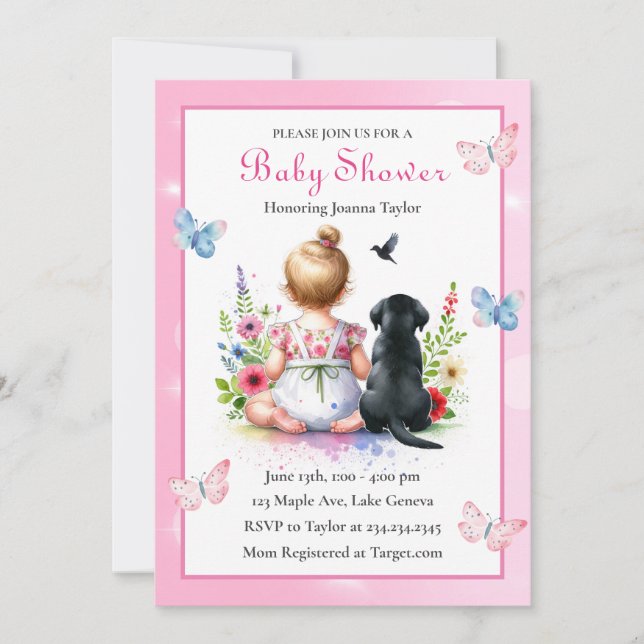 Una niña bebé y su invitación de pipa a Baby Showe (Anverso)