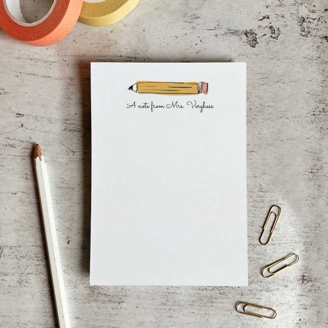 Una nota de la maestra Bloc de notas de lápiz núme (A note from the teacher - Illustrated No. 2 pencil personalized notepad.)