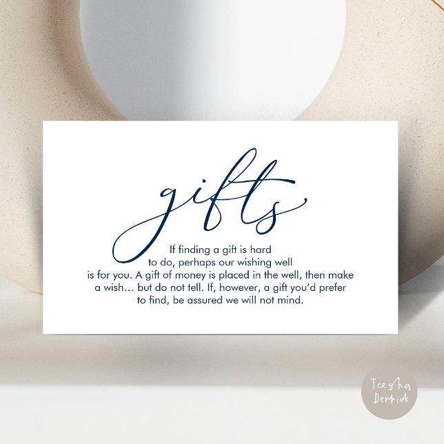 Una nota sobre los regalos, el deseo de la luna de (A note on gifts, wedding honeymoon wish, fund, enclosure card, modern romantic, Navy Blue)