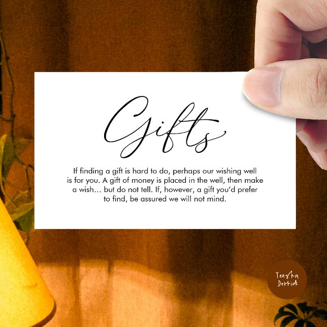 Una nota sobre los regalos, el deseo de la luna de (A note on gifts, wedding honeymoon wish, fund, enclosure card, modern romantic, White Black)