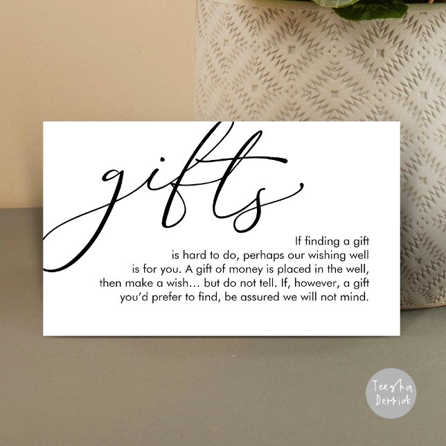 Una nota sobre los regalos, el deseo de la luna de (A note on gifts, Romantic wedding honeymoon wish enclosure card, Black White)