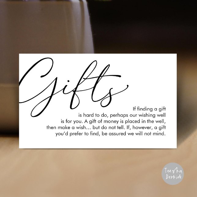 Una nota sobre los regalos, el deseo de la luna de (A note on gifts, Romantic wedding honeymoon wish enclosure card, Black White)