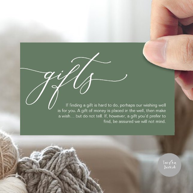 Una nota sobre los regalos, el dinero en efectivo  (A note on gifts, honeymoon wish fund cash wish enclosure card in forest sage green)
