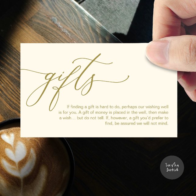 Una nota sobre los regalos, el dinero en efectivo  (A note on gifts, honeymoon wish fund cash wish enclosure card in yellow gold)
