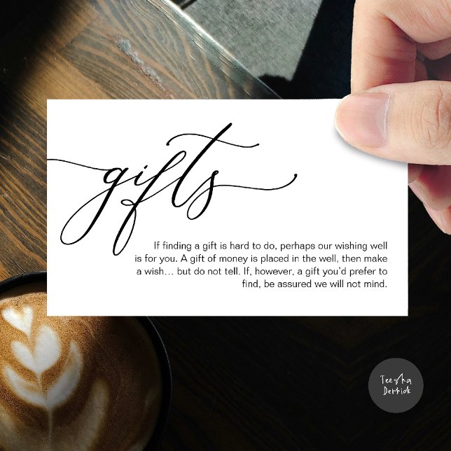 Una nota sobre los regalos, el dinero en efectivo  (A note on gifts, honeymoon wish fund cash wish enclosure card in black white)