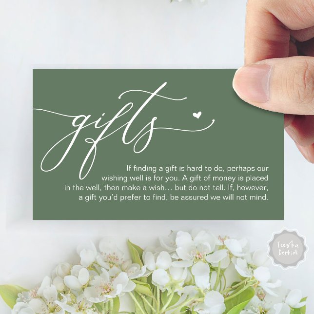 Una nota sobre los regalos, el Fondo de Dinero en  (A note on gifts, Honeymoon Money Cash Fund Modern Romantic Heart Enclosure Card Sage Green)