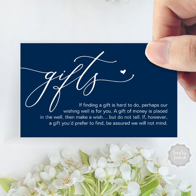Una nota sobre los regalos, el Fondo de Dinero en  (A note on gifts, Honeymoon Money Cash Fund Modern Romantic Heart Enclosure Card in Navy Blue)