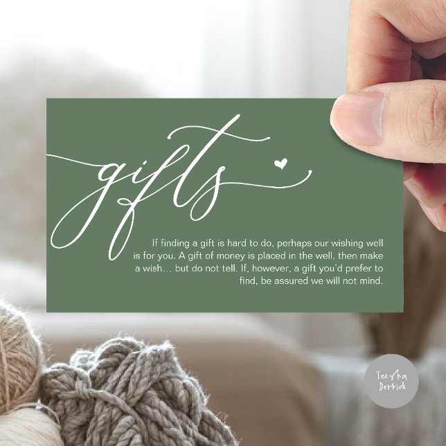 Una nota sobre los regalos, el Fondo de la Luna de (A note on gifts, honeymoon wish fund cash wish enclosure card in forest sage green)