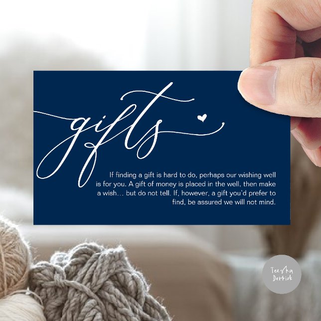 Una nota sobre los regalos, el Fondo de la Luna de (A note on gifts, honeymoon wish fund cash wish enclosure card in navy blue)