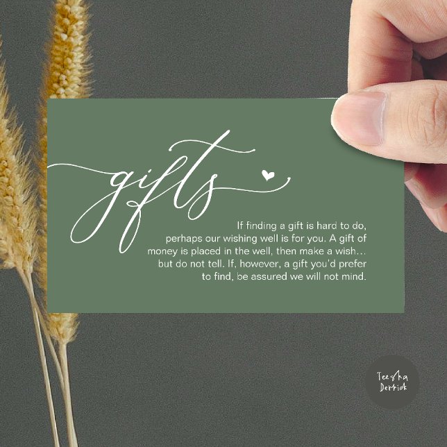 Una nota sobre regalos, Boda Romántica Moderna  (A note on gifts, Modern Romantic Wedding Enclosure Card in Sage Green)