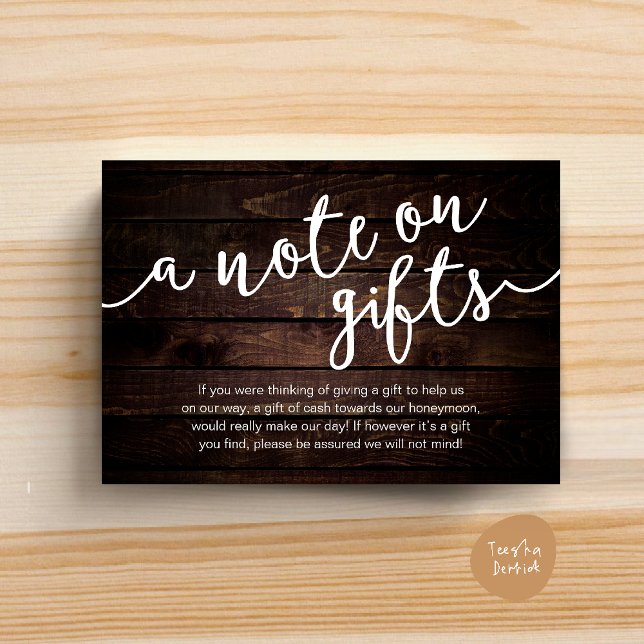 Una Nota Sobre Regalos, Deseos De Efectivo Del Fon (A Note On Gifts, Honeymoon Fund Cash Wish Enclosure Card Rustic Dark Wood )