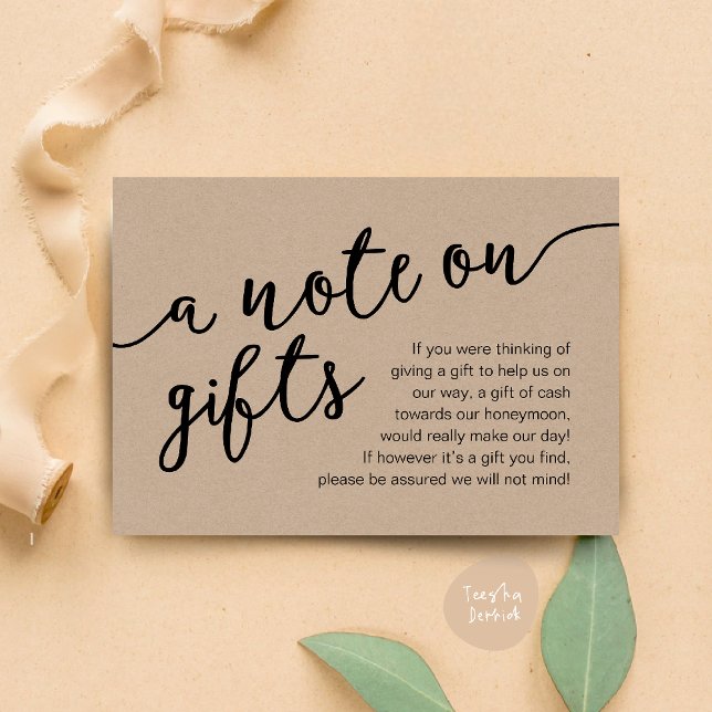 Una Nota Sobre Regalos, Deseos De Efectivo Del Fon (Honeymoon Fund Cash Wish, a note on gifts Enclosure Card Rustic Brown Kraft Background)