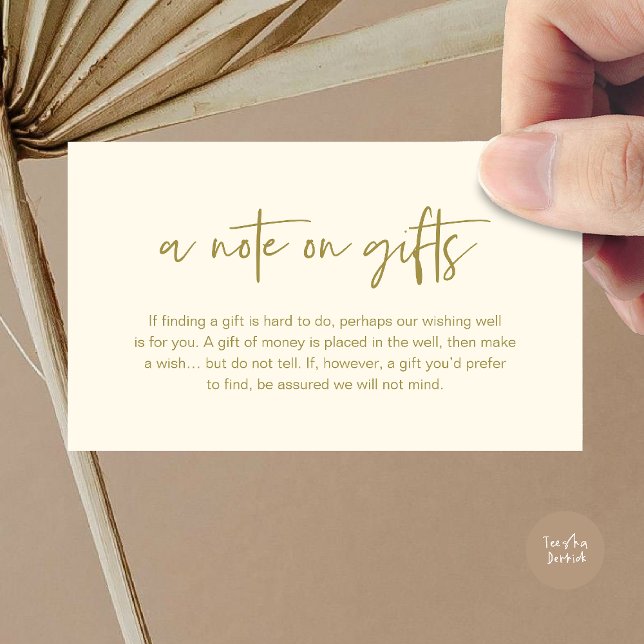 Una nota sobre regalos, dinero para deseos de luna (A note on gifts, Honeymoon Wish Fund Cash Enclosure Card in Yellow Gold)