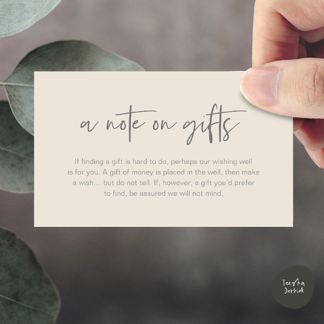Una nota sobre regalos, dinero para deseos de luna (A note on gifts, Honeymoon Wish Fund Cash Enclosure Card in Cream Grey)