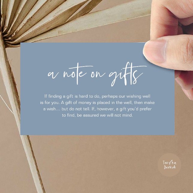 Una nota sobre regalos, dinero para deseos de luna (A note on gifts, Honeymoon Wish Fund Cash Enclosure Card in Dusty Blue)
