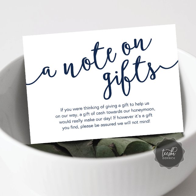 Una nota sobre regalos, dinero para el fondo de lu (A Note On Gifts, Honeymoon Fund Cash Wish Modern Rustic Enclosure Card in Navy Blue)