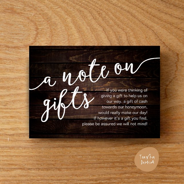 Una nota sobre regalos, dinero para la luna de mie (A Note On Gifts, Honeymoon Fund Cash Wish Enclosure Card Rustic Dark Wood )