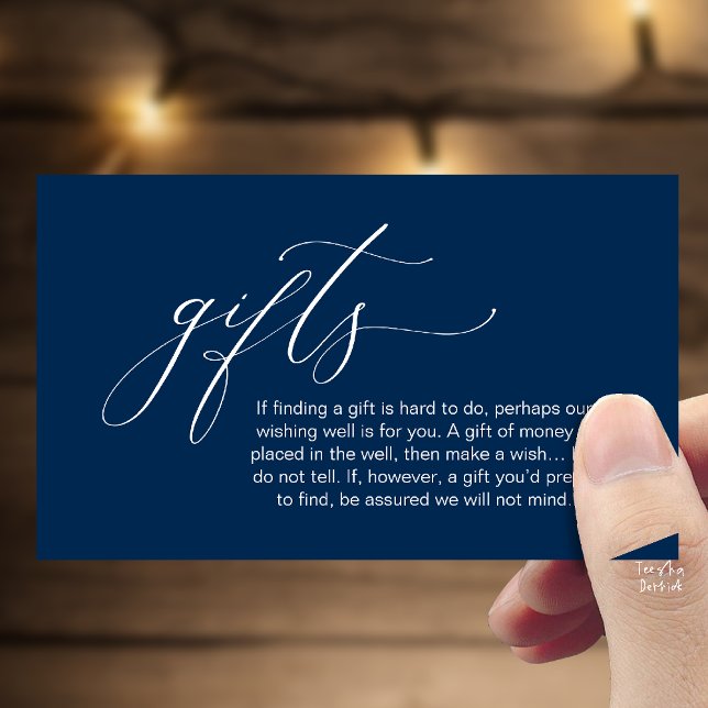 Una nota sobre regalos, Pozo de deseos para la lun (Honeymoon Fund Wishing Well, Wish, A Note On Gifts Enclosure Card in Navy Blue)