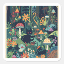 Una pegatina cuadrada con escena de bosque